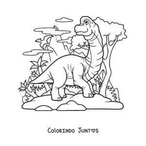Desenho para colorir de brachiosaurus herbívoro animado em seu habitat