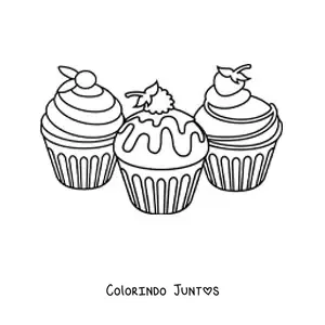 Desenho para colorir de tres cupcakes com glace e frutas em cima