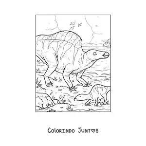 Desenho para colorir de dinossauro morelladon herbívoro animado com seus filhotes