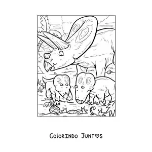 Desenho para colorir de torosaurus herbívoro animado com seus filhotes