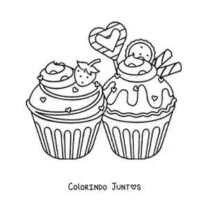 Desenho para colorir de dois cupcakes com coracoes e um morango
