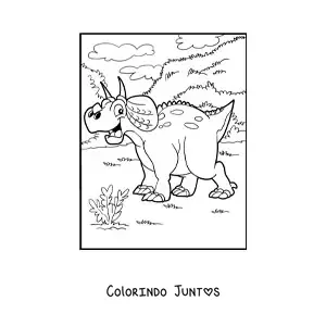 Desenho para colorir de dinossauro herbívoro animado em seu habitat