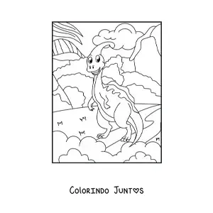Desenho para colorir de dinossauro herbívoro pequeno animado em seu habitat