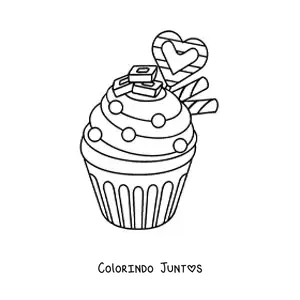 Desenho para colorir de um cupcake com um coracao e dois biscoitos canudo