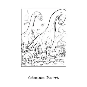 Desenho para colorir de dinossauros de pescoço comprido com seus bebês em seu habitat