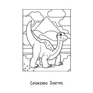 Desenho para colorir de dinossauro de pescoço comprido fofo em seu habitat