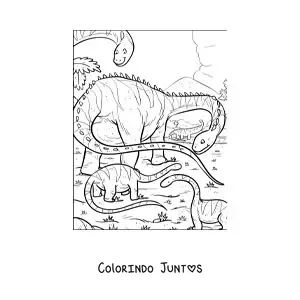 Desenho para colorir de dinossauro diplodocus de pescoço comprido e cauda comprida com seus bebês