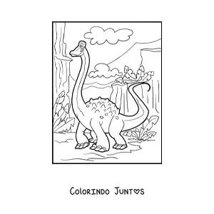 Desenho para colorir de dinossauro de pescoço comprido em seu habitat