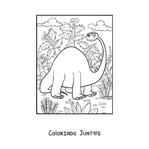 Desenho para colorir de dinossauro de pescoço comprido gigante em seu habitat
