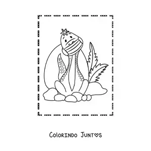 Desenho para colorir de dinossauro de pescoço comprido animado sentado com máscara