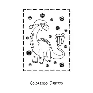 Desenho para colorir de dinossauro de pescoço comprido animado com presente de Natal