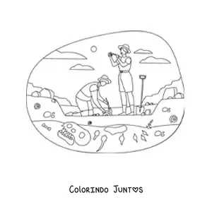 Desenho para colorir de paleontólogos escavando fósseis de dinossauros