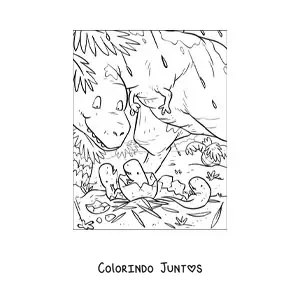 Desenho para colorir de mamãe dinossauro com seus bebês recém-nascidos