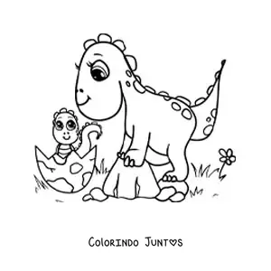 Desenho para colorir de mamãe com dinossauro bebê kawaii saindo do ovo