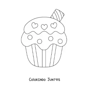 Desenho para colorir de um cupcake com coracoes no glace e um biscoito canudo