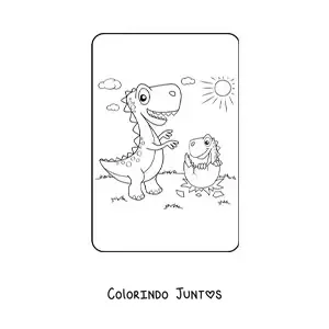 Desenho para colorir de tiranossauro animado com seu bebê saindo do ovo