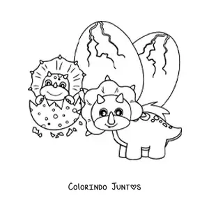 Desenho para colorir de tricerátops animado com seu bebê saindo do ovo