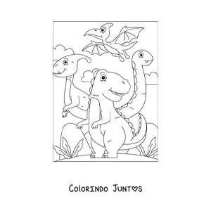 Desenho para colorir de dinossauros terrestres e pterodáctilo voando