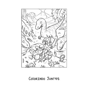 Desenho para colorir de velociraptor bebê com a mamãe