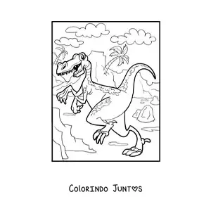 Desenho para colorir de velociraptor animado em seu habitat
