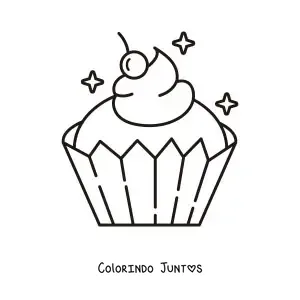 Desenho para colorir de um cupcake com uma cereja em cima do glace e brilhos