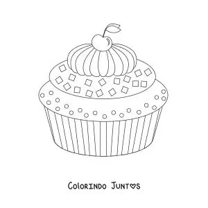 Desenho para colorir de um cupcake com glace e uma cereja em cima