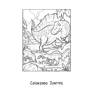 Desenho para colorir de espinossauro carnívoro em seu habitat com seus filhotes