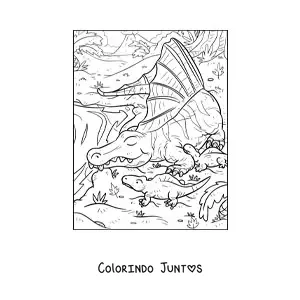 Desenho para colorir de arizonasaurus carnívoro em seu habitat com seus filhotes