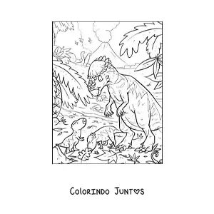 Desenho para colorir de paquicefalossauro onívoro com seus filhotes