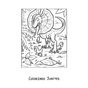 Desenho para colorir de dilofossauro carnívoro em seu habitat com seus filhotes