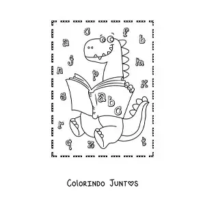 Desenho para colorir de dinossauro carnívoro animado lendo um livro