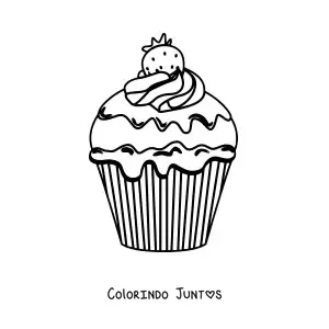Desenho para colorir de um cupcake com glace e um morango em cima