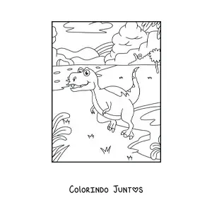 Desenho para colorir de dinossauro carnívoro animado em frente a um vulcão