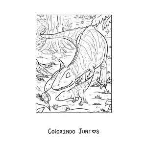 Desenho para colorir de dinossauro carnívoro caçando com seus filhotes