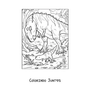 Desenho para colorir de dinossauro carnívoro com um chifre caçando com seus filhotes