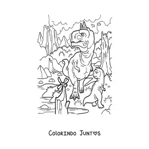 Desenho para colorir de dinossauro carnívoro grande e perigoso caçando com seu bebê