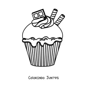 Desenho para colorir de um cupcake com chocolate e dois biscoitos canudo