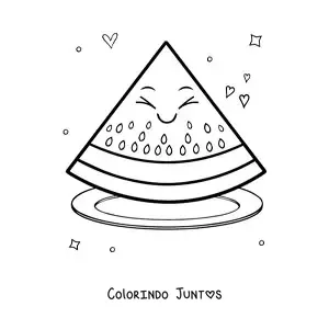 Desenho para colorir de fatia de melancia kawaii grande em um prato
