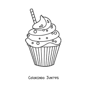 Desenho para colorir de um cupcake com glace e um biscoito canudo