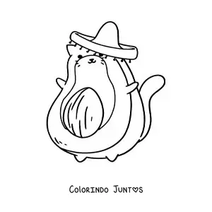 Desenho para colorir de gato abacate animado com chapéu mexicano