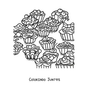 Desenho para colorir de cupcakes glaceados com lacos e figuras geometricas