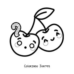 Desenho para colorir de cerejas kawaii com minhoca