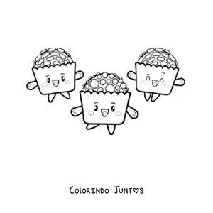Desenho para colorir de tres cupcakes kawaii animados