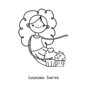 Desenho para colorir de uma menina com dois cupcakes glaceados com coracoes