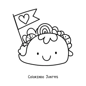Desenho para colorir de um taco kawaii com uma bandeirinha de coracao