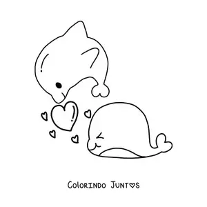 Desenho para colorir de golfinhos kawaii apaixonados com corações