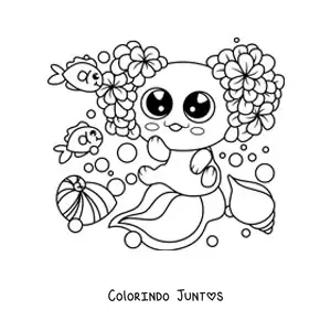 Desenho para colorir de axolote kawaii grande com flores