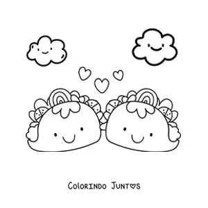 Desenho para colorir de dois tacos kawaii com coracoes e nuvens