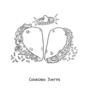 Desenho para colorir de dois tacos em formato de coracao e um chapeu mexicano