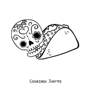 Desenho para colorir de um taco com uma catrina mexicana